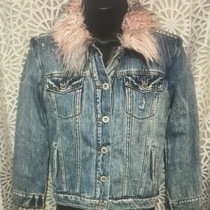Denim Jacket with Pink Faux Fur Collar